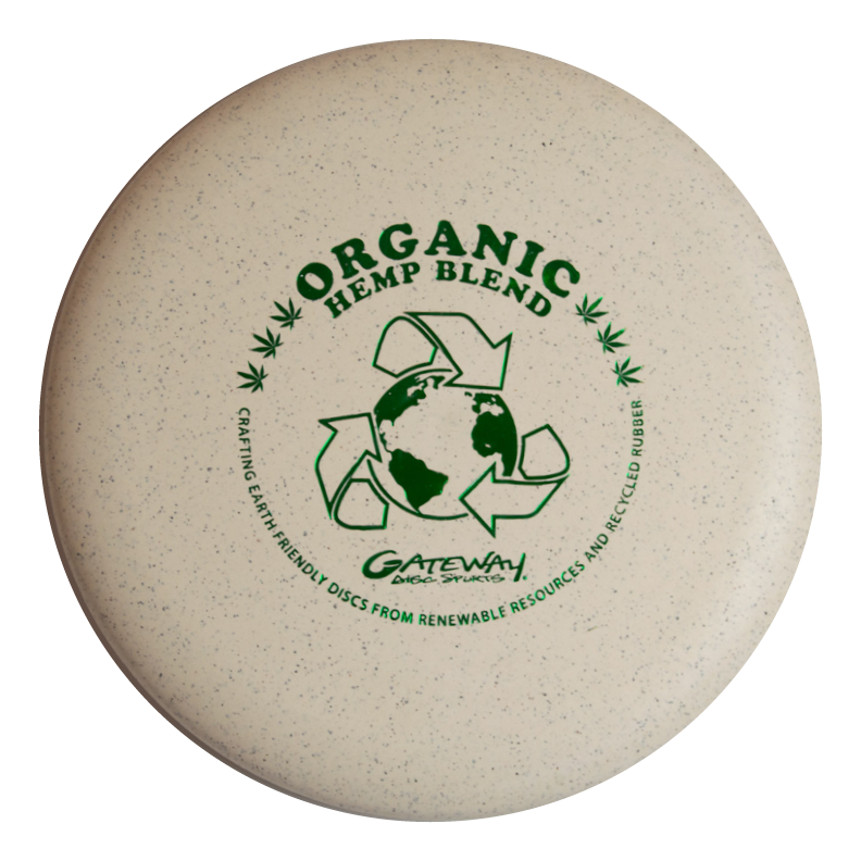 A beige Voodoo - Organic Hemp Super Soft (H-SS) disc golf putter from Gateway Disc Sports features green "Organic Hemp Blend" graphics and eco-friendly materials€”ideal for straight putts or lay-ups.