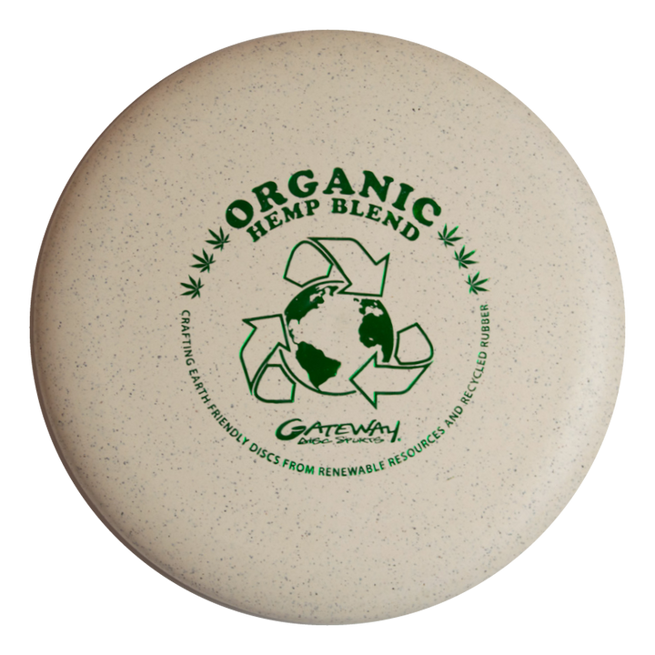 A beige Voodoo - Organic Hemp Super Soft (H-SS) disc golf putter from Gateway Disc Sports features green "Organic Hemp Blend" graphics and eco-friendly materials€”ideal for straight putts or lay-ups.