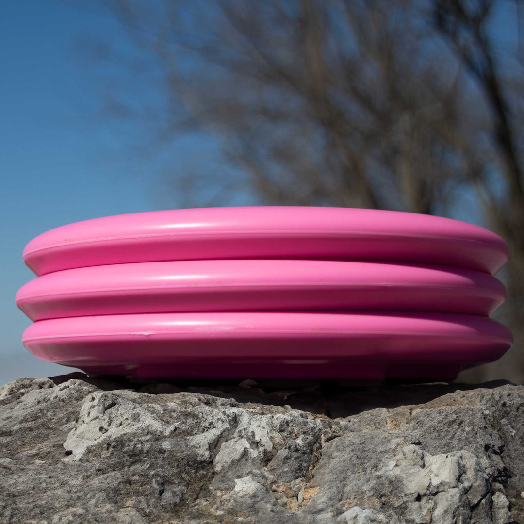 Three stacked pink discs, symbolizing the Warlock - Money, rest on a rough gray rock with a blurred tree and blue sky in the background, evoking the anticipation of a Warlock about to embark on a new journey.