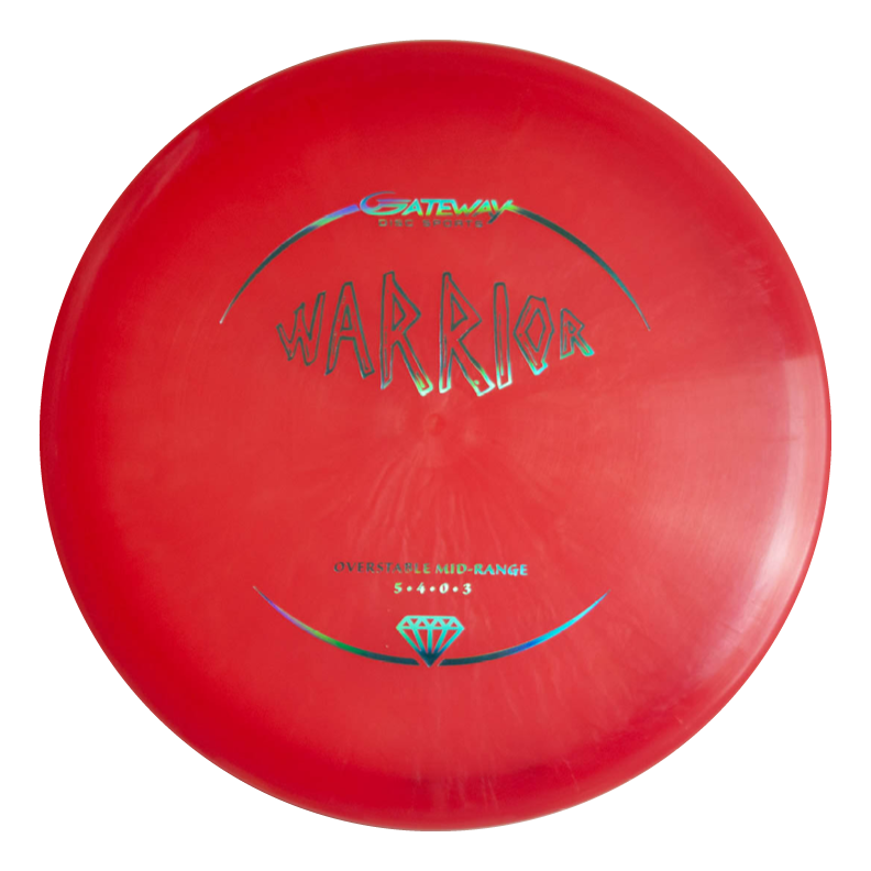 The Warrior - Diamond is a red mid-range disc golf disc from Gateway Disc Sports, featuring silver text and graphics. This overstable disc offers reliable flight for players seeking control and consistency.