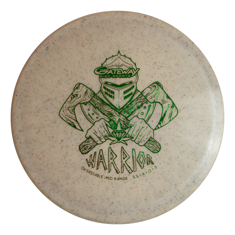A white Warrior - Diamond Hemp disc golf mid-range features green artwork of a helmeted figure with two axes, labeled "Gateway Disc Sports Warrior Overstable Mid Range 5 4 0 3.