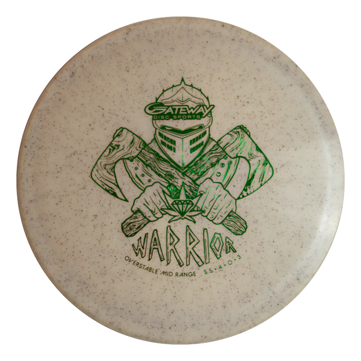 A white Warrior - Diamond Hemp disc golf mid-range features green artwork of a helmeted figure with two axes, labeled "Gateway Disc Sports Warrior Overstable Mid Range 5 4 0 3.