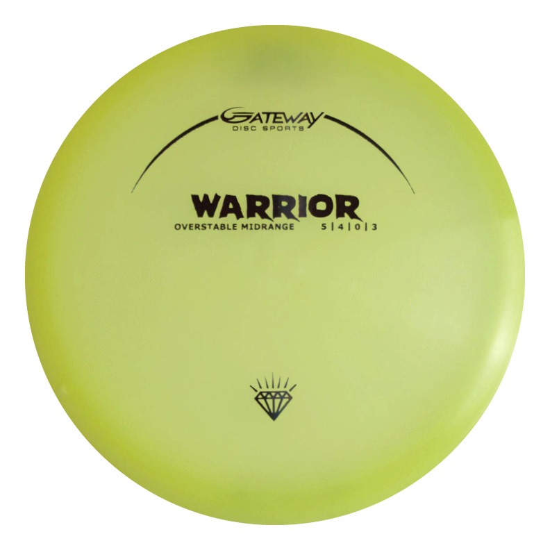 A yellow Warrior - Diamond Superglow overstable mid-range disc by Gateway Disc Sports with flight numbers 5|4|0|3.