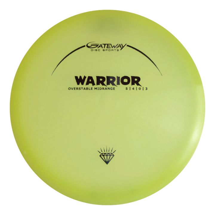 A yellow Warrior - Diamond Superglow overstable mid-range disc by Gateway Disc Sports with flight numbers 5|4|0|3.