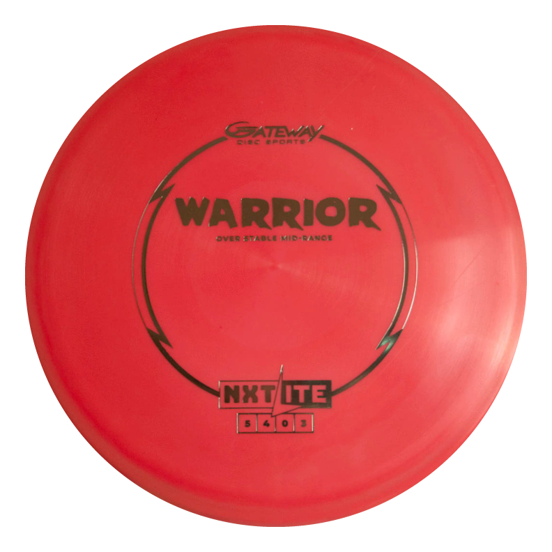 A red Warrior - NXT Lite mid-range disc by Gateway Disc Sports, perfect for controlled long upshots.