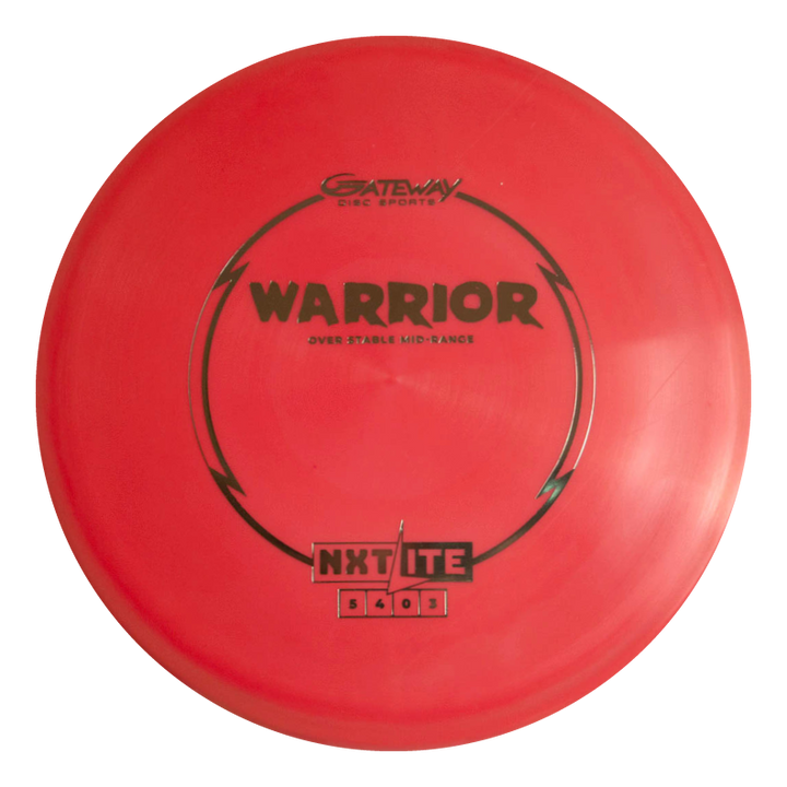 A red Warrior - NXT Lite mid-range disc by Gateway Disc Sports, perfect for controlled long upshots.