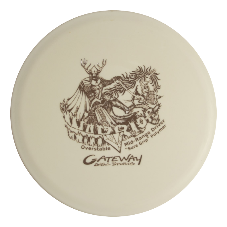 The white Warrior - SureGrip mid-range disc golf disc from Gateway Disc Sports features a horse-riding figure and is labeled "Overstable," "Mid-Range Driver," and made with "Sure Grip polymer.