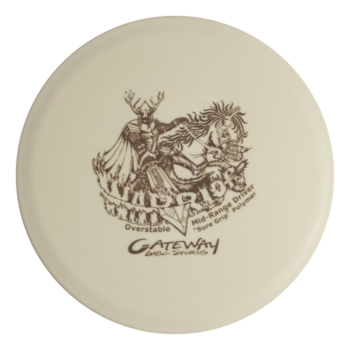 The white Warrior - SureGrip mid-range disc golf disc from Gateway Disc Sports features a horse-riding figure and is labeled "Overstable," "Mid-Range Driver," and made with "Sure Grip polymer.