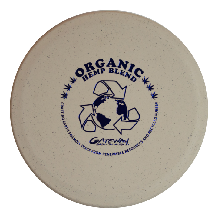The Warrior - Organic Hemp is a beige mid-range disc frisbee with "Organic Hemp Blend" text and a recycling symbol above a globe, labeled "Gateway Disc Sports.