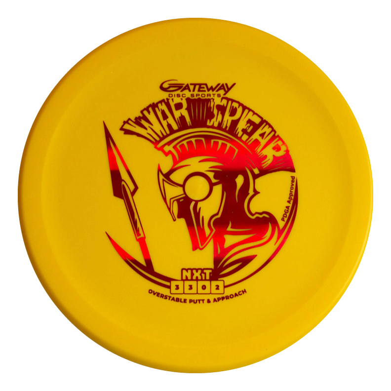 A yellow Gateway Warspear - NXT putt and approach disc with red graphics of a warrior helmet and spear, featuring "NXT 33002 Overstable Putt & Approach," crafted in a durable plastic blend.