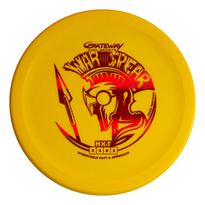A yellow Gateway Warspear - NXT putt and approach disc with red graphics of a warrior helmet and spear, featuring "NXT 33002 Overstable Putt & Approach," crafted in a durable plastic blend.