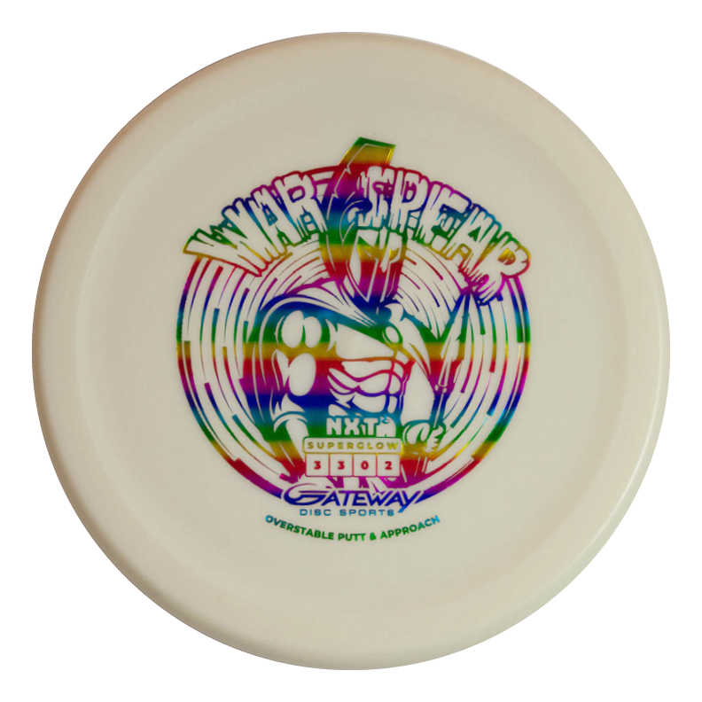 The Warspear - NXT Superglow is a white putt and approach disc golf putter with a vibrant "War Spear" graphic, Gateway Disc Sports and "Superglow" branding, flight numbers beneath, and durable plastic for long-lasting play.