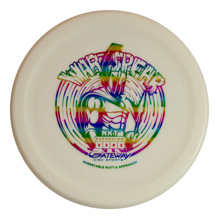 The Warspear - NXT Superglow is a white putt and approach disc golf putter with a vibrant "War Spear" graphic, Gateway Disc Sports and "Superglow" branding, flight numbers beneath, and durable plastic for long-lasting play.