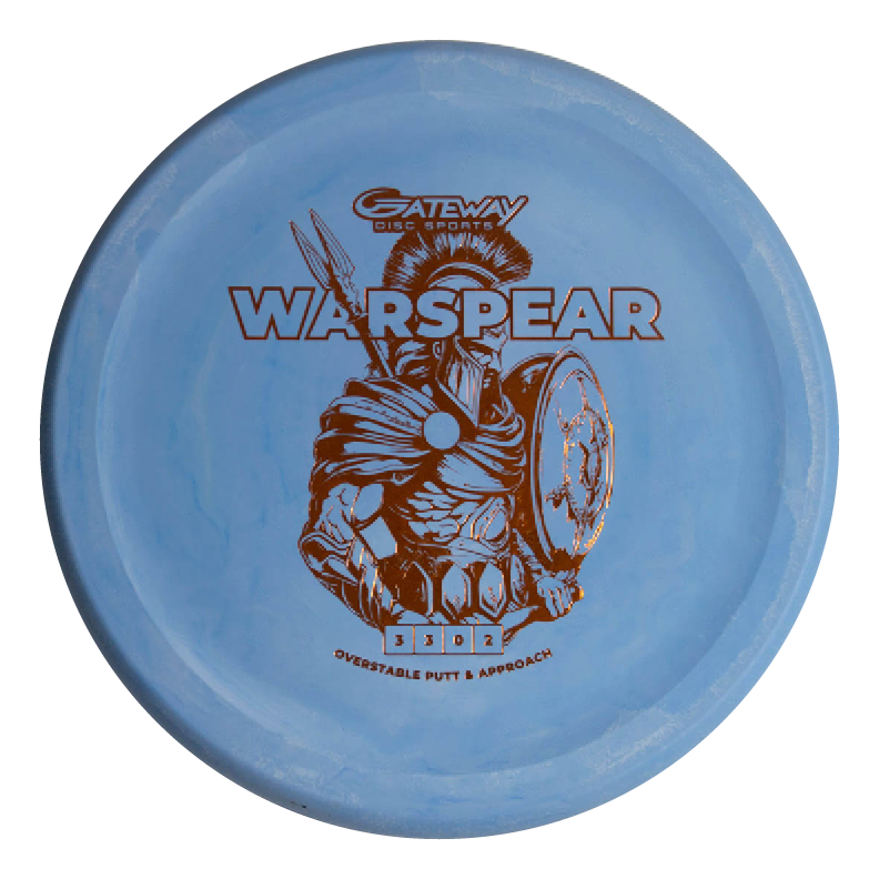 The Warspear - Suregrip Nylon is a blue putt and approach disc with a thumb track for better grip, featuring a front design of a warrior wearing a helmet, holding a spear and shield.