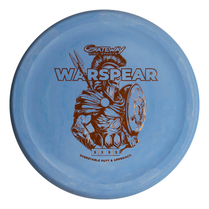 The Warspear - Suregrip Nylon is a blue putt and approach disc with a thumb track for better grip, featuring a front design of a warrior wearing a helmet, holding a spear and shield.