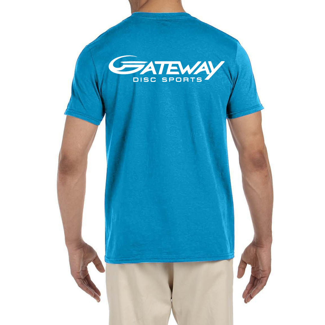 A person wearing a White Wizard T-shirt with "Gateway Disc Sports" printed on the back, celebrating the 30th Anniversary.