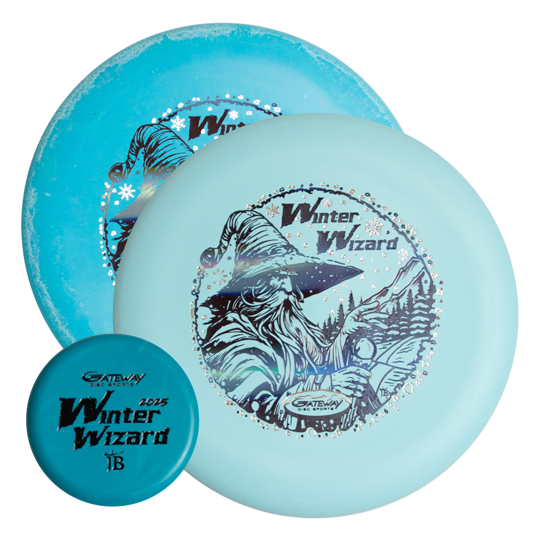 The 2-Disc Players Pack - Winter Wizards 2025 includes two blue discs, each featuring a "Winter Wizard" stamp with unique wizard and winter landscape designs€”ideal for collectors.