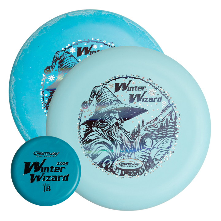 The 2-Disc Players Pack - Winter Wizards 2025 includes two blue discs, each featuring a "Winter Wizard" stamp with unique wizard and winter landscape designs€”ideal for collectors.