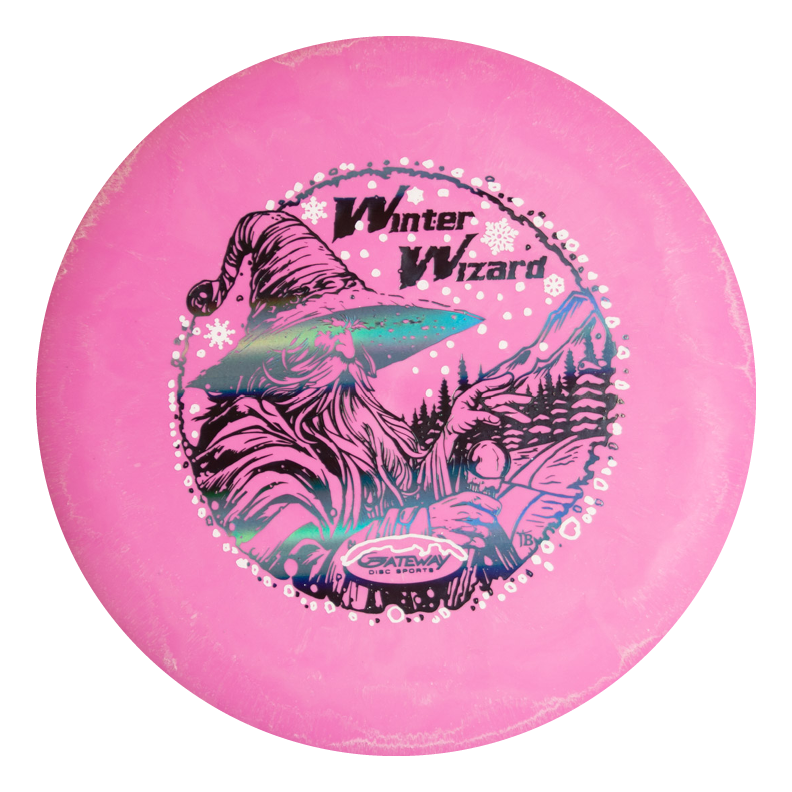 The Winter Wizard Wizard - SSSS + Mini is a pink 4S Gateway disc featuring "Winter Wizard" text and a wizard in snowy mountains with a hat and cloak. Max weight; flight numbers not on disc.
