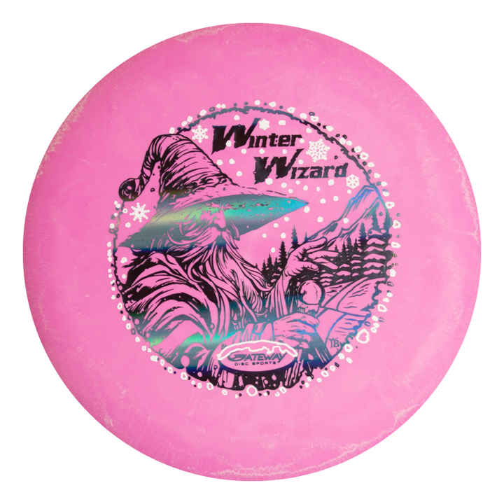 The Winter Wizard Wizard - SSSS + Mini is a pink 4S Gateway disc featuring "Winter Wizard" text and a wizard in snowy mountains with a hat and cloak. Max weight; flight numbers not on disc.