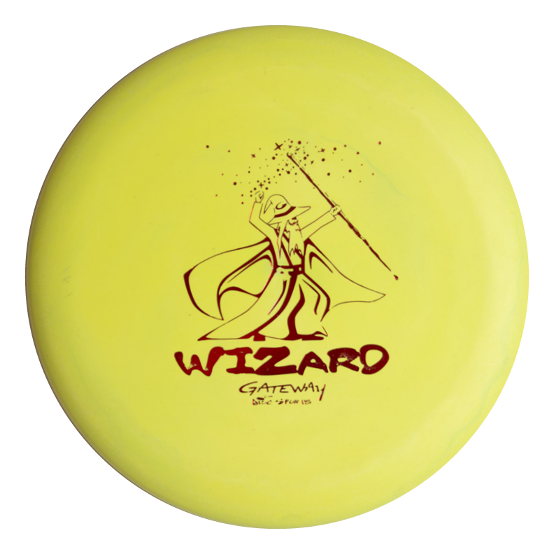 The Wizard - Multi Flex 5 pack includes yellow putters with a wizard illustration, "WIZARD" text, and Gateway logo. Made with Suregrip blends, these stable discs are ideal for confident putts and approach shots.