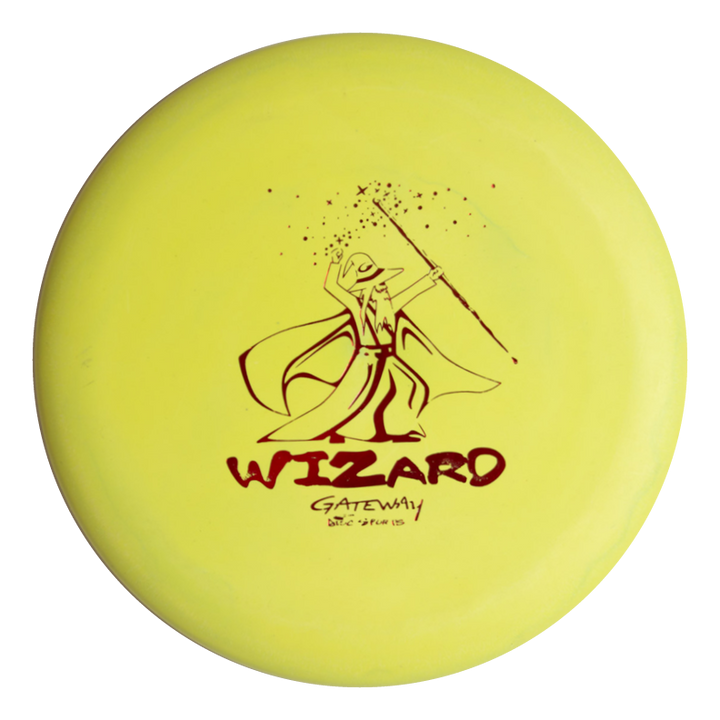The Wizard - Multi Flex 5 pack includes yellow putters with a wizard illustration, "WIZARD" text, and Gateway logo. Made with Suregrip blends, these stable discs are ideal for confident putts and approach shots.
