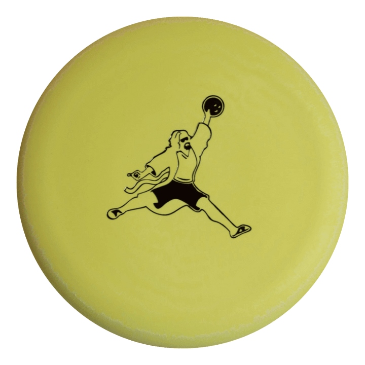 The Wizard Suregrip SSS - Air Dude is a yellow frisbee featuring a black illustration of a person jumping and holding a frisbee above their head, echoing the iconic Gateway Disc Sports style.