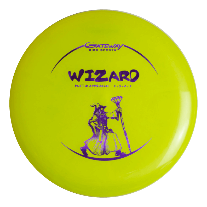 The Wizard - Diamond is a yellow, overstable disc golf putter with €œWizard€� and a purple wizard holding a staff on it, ideal for reliable putt and approach shots.