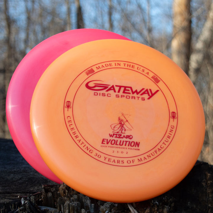 Two discs, one pink and one orange, rest on a tree stump. The orange disc features neon Day Glow colors and is labeled "Gateway Disc Sports" and "Wizard - Evolution - Neon" with manufacturing details.