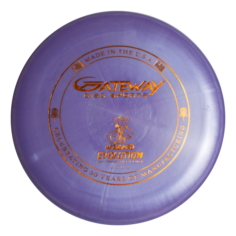 A purple Gateway Disc Sports Wizard - Evolution - Galaxy disc with gold text and graphics, labeled "Celebrating 30 Years of Manufacturing." Ideal for collectors marking the 30th Anniversary.
