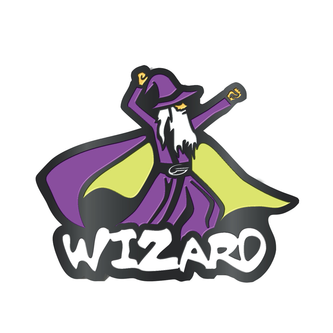 Wizard Hat Pin: Features a cartoon wizard with a purple hat, cape, and white beard raising both arms above bold "WIZARD" graffiti text. Ideal for enamel pin collectors, it has a black nickel finish and secure butterfly clutch backing.