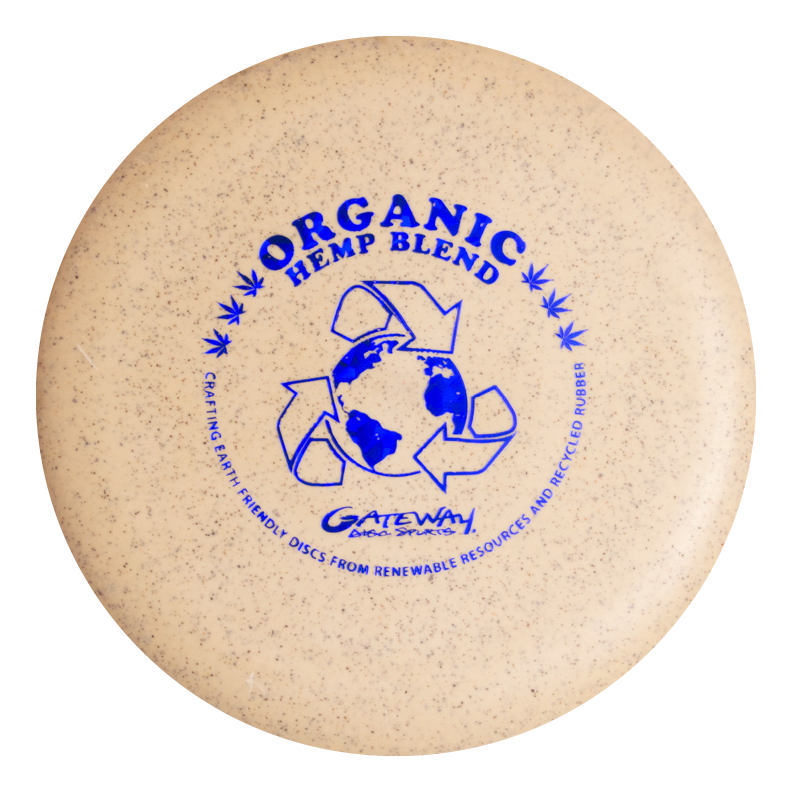 The Wizard - SSS - Hemp is a beige disc golf disc with blue "Organic Hemp Blend" text and recycling symbols around a globe€”an accurate mid-range disc ideal for drives.