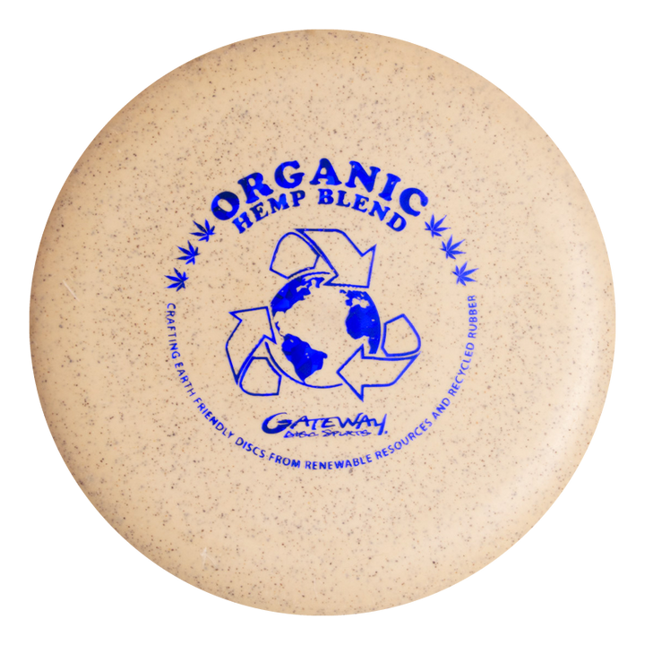 The Wizard - SSS - Hemp is a beige disc golf disc with blue "Organic Hemp Blend" text and recycling symbols around a globe€”an accurate mid-range disc ideal for drives.
