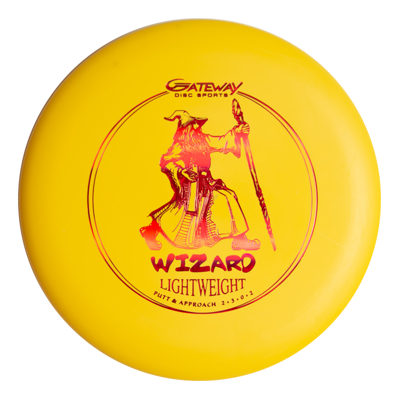 The Wizard - Suregrip - Lightweight is a yellow disc golf putter featuring a wizard illustration. This stable workhorse is ideal for accurate putts and mid-range drives. Marked as "Lightweight Putt & Approach 2-3-0-2.