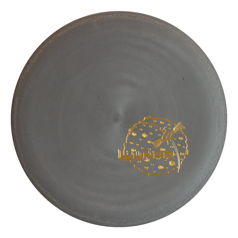 The Wizard - Lunar is a gray overstable disc made from durable Lunar plastic, featuring concentric circles and a gold "Lunar" logo with a moon and satellite design.
