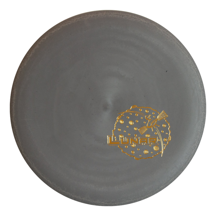 The Wizard - Lunar is a gray overstable disc made from durable Lunar plastic, featuring concentric circles and a gold "Lunar" logo with a moon and satellite design.