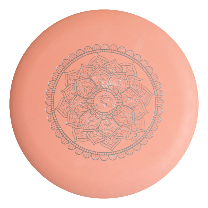 The Wizard - Mandala is a round, peach-colored disc with a detailed mandala design and "Om" symbol at the center€”ideal for those seeking both style and reliable 160-Max weight for consistent flight.