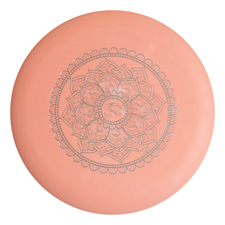 The Wizard - Mandala is a round, peach-colored disc with a detailed mandala design and "Om" symbol at the center€”ideal for those seeking both style and reliable 160-Max weight for consistent flight.