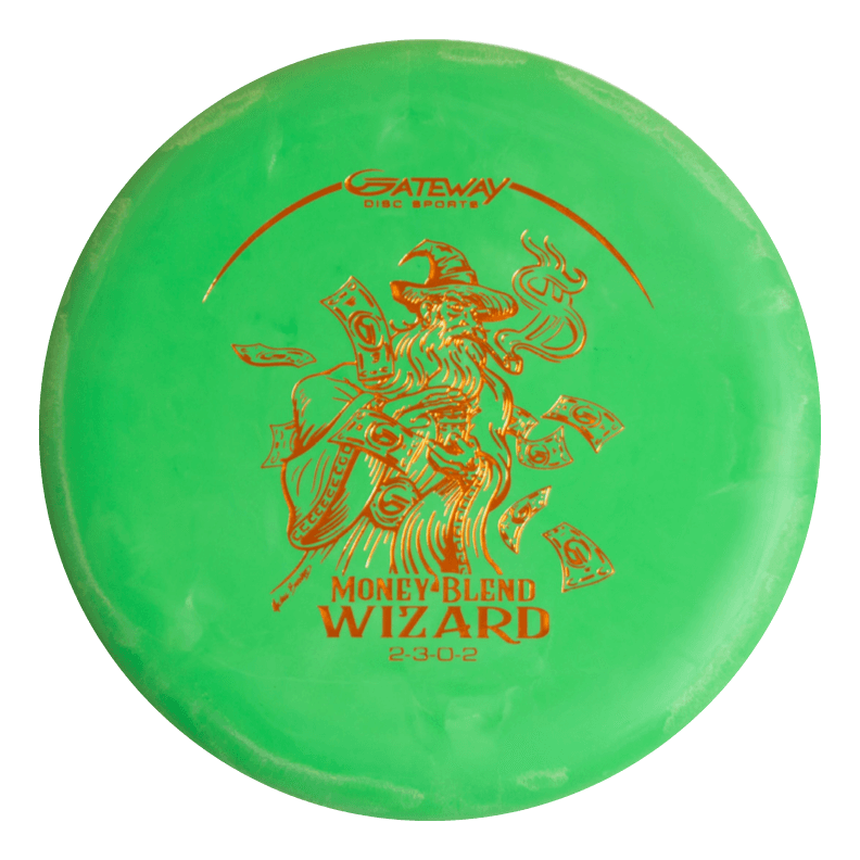 The Wizard - Money is a green putter with a wizard and floating money illustration, offering stable, reliable performance for precision disc golfers.