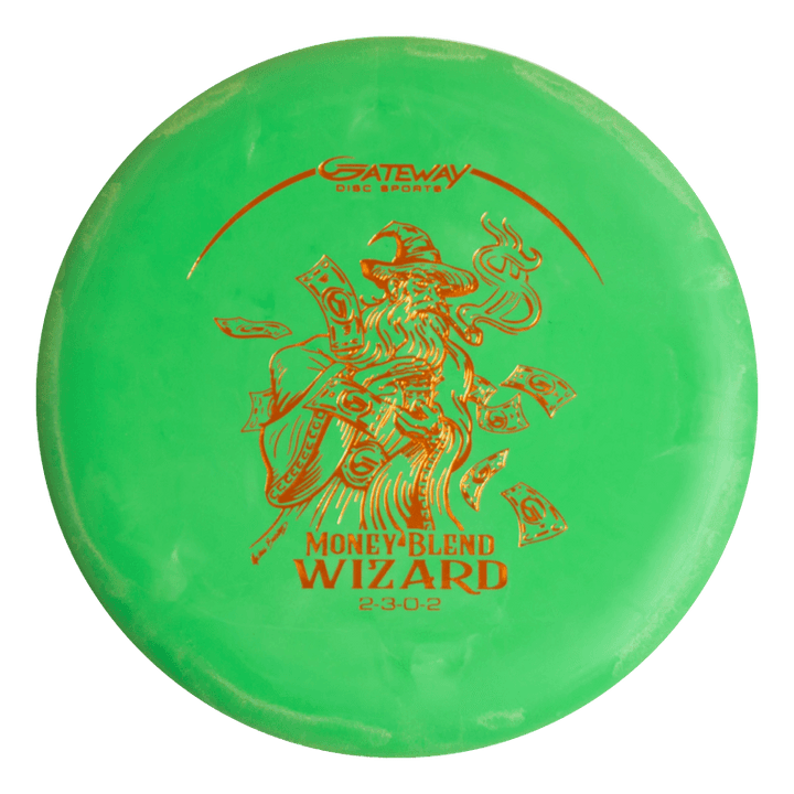 The Wizard - Money is a green putter with a wizard and floating money illustration, offering stable, reliable performance for precision disc golfers.