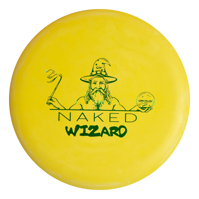 The Wizard - NAKED - SS is a yellow, over-stable disc golf disc featuring a line drawing of a wizard with a wand and crystal ball, labeled €œNaked Wizard€� in green€”ideal for players who love unique designs.