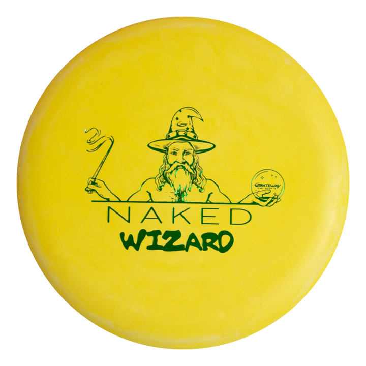 The Wizard - NAKED - SS is a yellow, over-stable disc golf disc featuring a line drawing of a wizard with a wand and crystal ball, labeled €œNaked Wizard€� in green€”ideal for players who love unique designs.