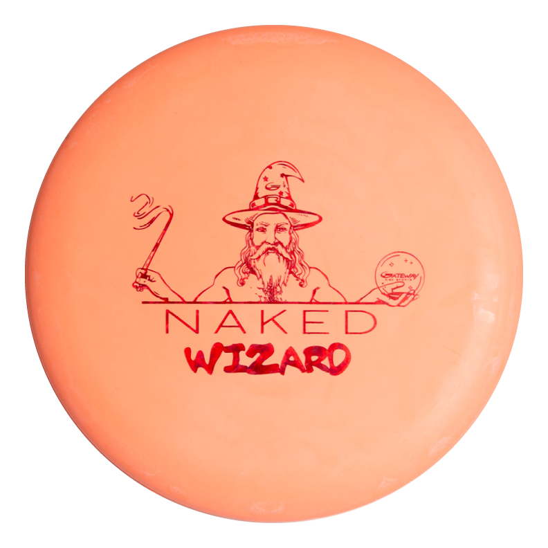 The Wizard - NAKED - SSS is an orange beaded putt disc featuring a wizard illustration and "NAKED WIZARD" printed in red.