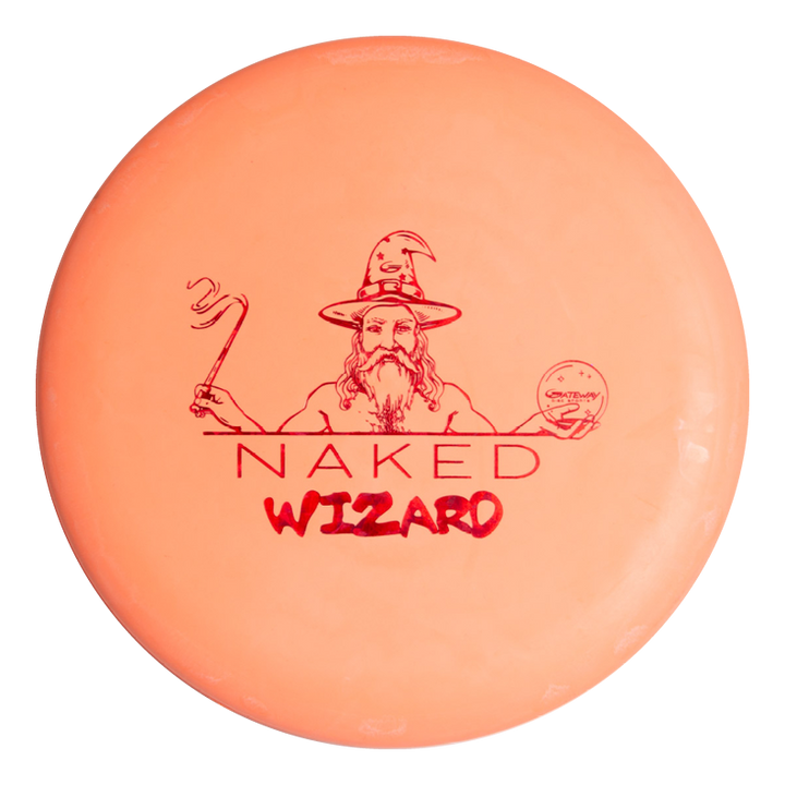 The Wizard - NAKED - SSS is an orange beaded putt disc featuring a wizard illustration and "NAKED WIZARD" printed in red.