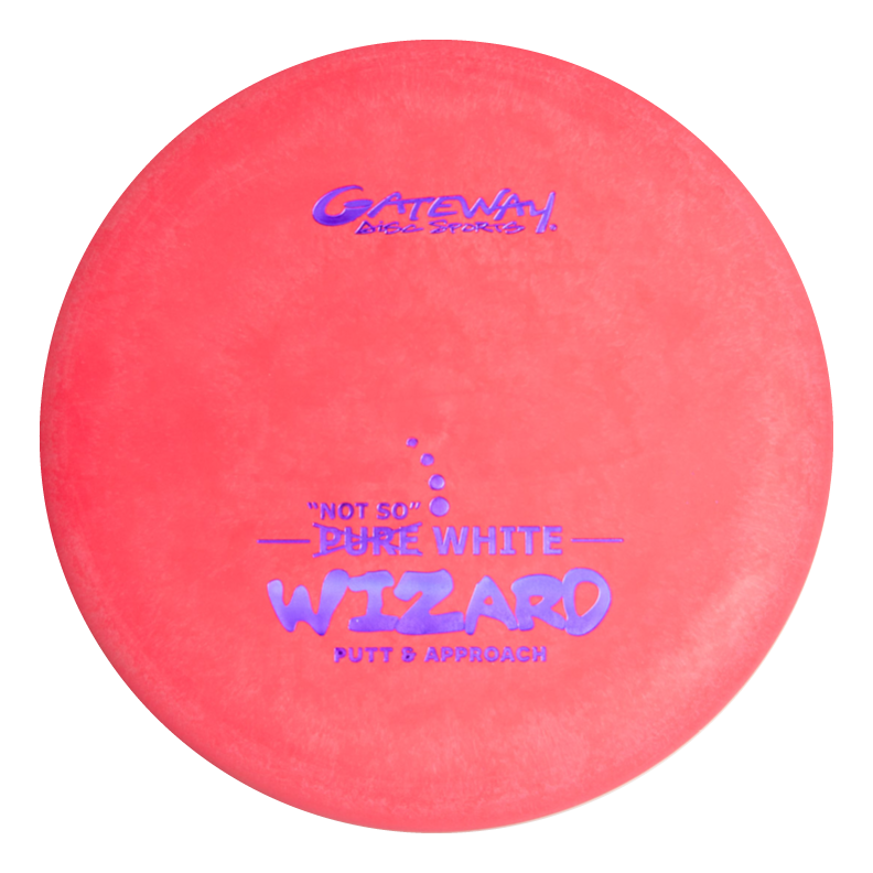 A stable workhorse putter for windy days: Wizard - "Not So" Pure White in red, purple "Gateway Disc Sports" text, Putt & Approach.