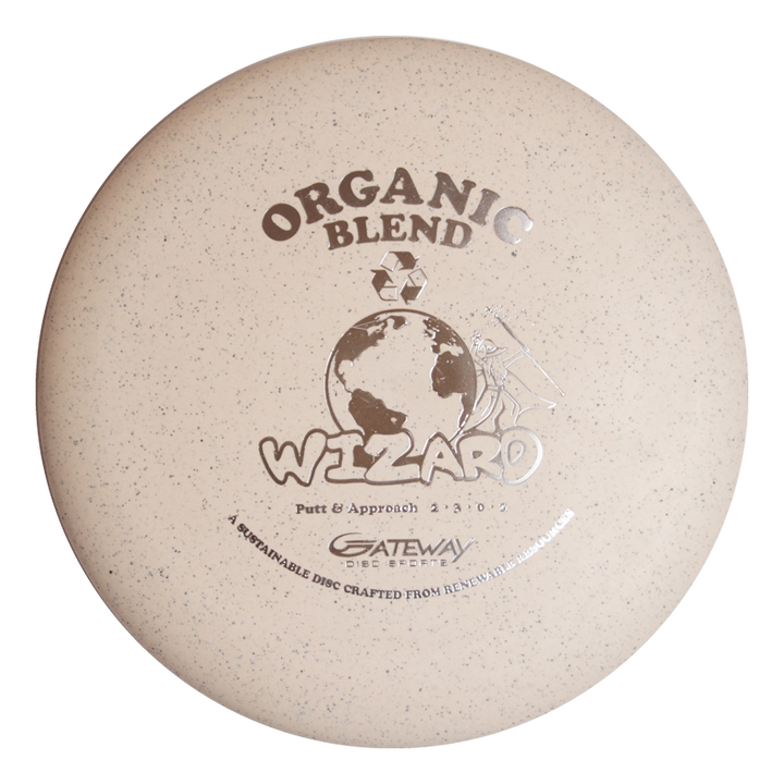 The beige Wizard - SSS - Organic Blend by Gateway features an earth graphic and "Organic Blend Wizard" stamp. Made from recycled materials, it's a stable putter ideal for mid-range drives and eco-conscious disc golfers.
