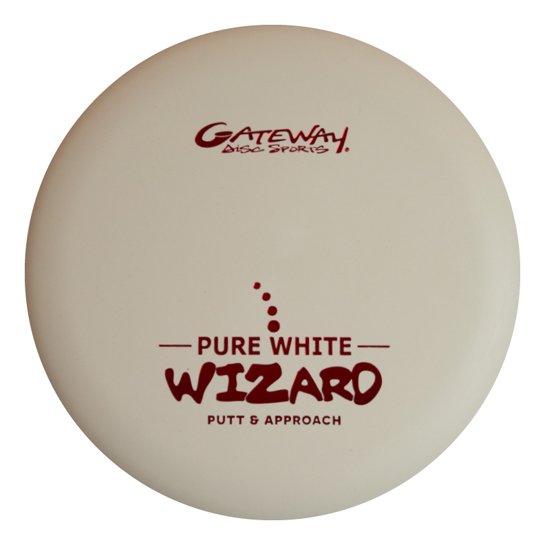 A stable white Wizard - Pure White putter, with "Gateway Disc Sports Pure White Wizard Putt & Approach" printed in red€”perfect for confident putts and approach shots, even when it's windy.