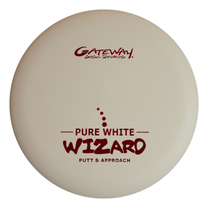 A stable white Wizard - Pure White putter, with "Gateway Disc Sports Pure White Wizard Putt & Approach" printed in red€”perfect for confident putts and approach shots, even when it's windy.