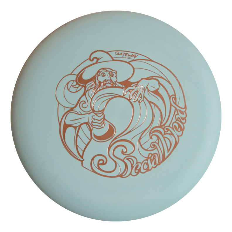 A white Wizard - Special Blend disc golf putter featuring a wizard with a staff, "Gateway" and "Special Blend Wizards" text€”a stable workhorse disc designed for dependable performance.