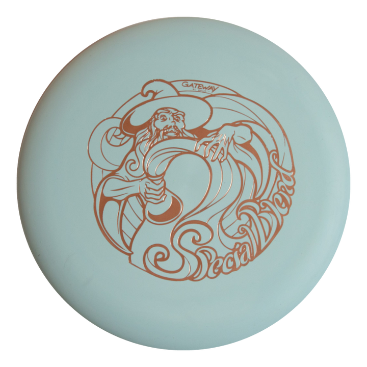 A white Wizard - Special Blend disc golf putter featuring a wizard with a staff, "Gateway" and "Special Blend Wizards" text€”a stable workhorse disc designed for dependable performance.
